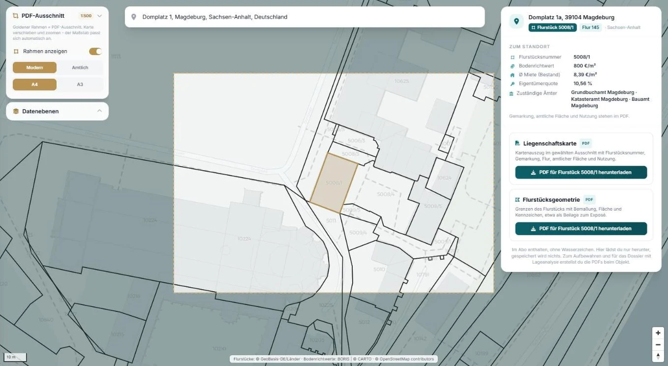 Geo-Daten in MaklerEngine: Flurstück 5008/1 am Domplatz Magdeburg markiert, daneben Bodenrichtwert, Miete, Eigentümerquote, zuständige Ämter und Downloads für Liegenschaftskarte und Flurstücksgeometrie