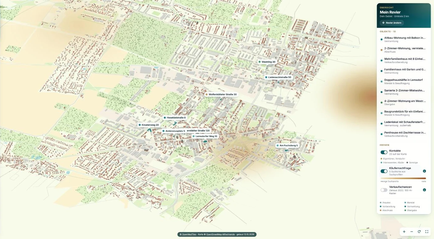 Ebene Käufernachfrage in Mein Revier: Wärmekarte der Suchprofile über dem 3D-Stadtmodell