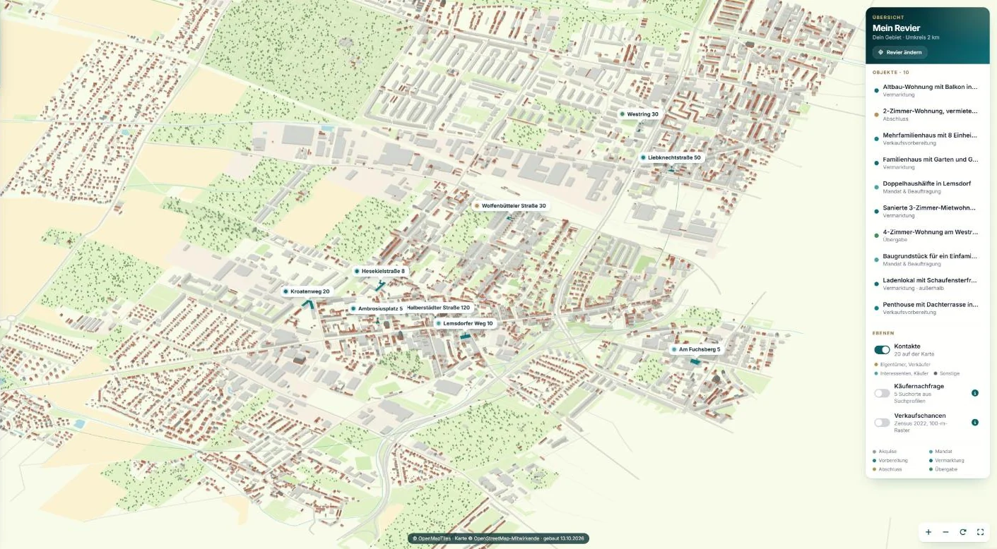 Mein Revier in MaklerEngine: 3D-Stadtmodell von Magdeburg mit markierten Objekten und Objektliste nach Phase